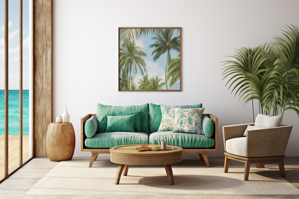 Sala de estar decorada al estilo tropical, con colores vivos, muebles de madera natural y plantas exuberantes que crean un ambiente fresco y acogedor, con vista directa al océano.